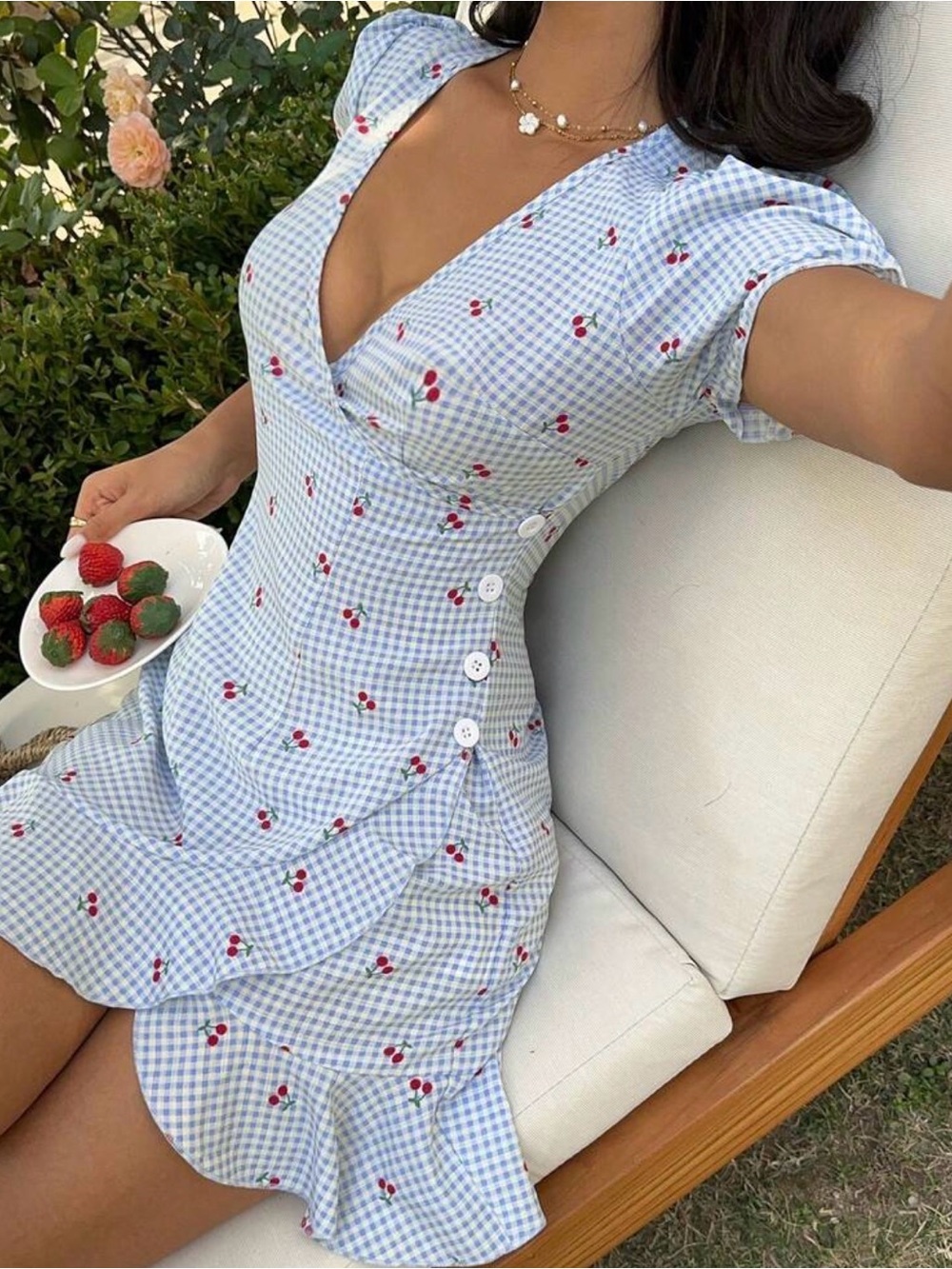 Blue Gingham Cherry Wrap Mini Dress - Picture 4 of 6
